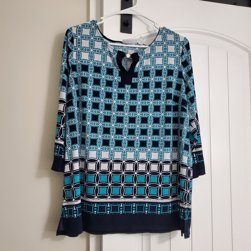 Susan Graver shirt, Large, Navy white, turquiose